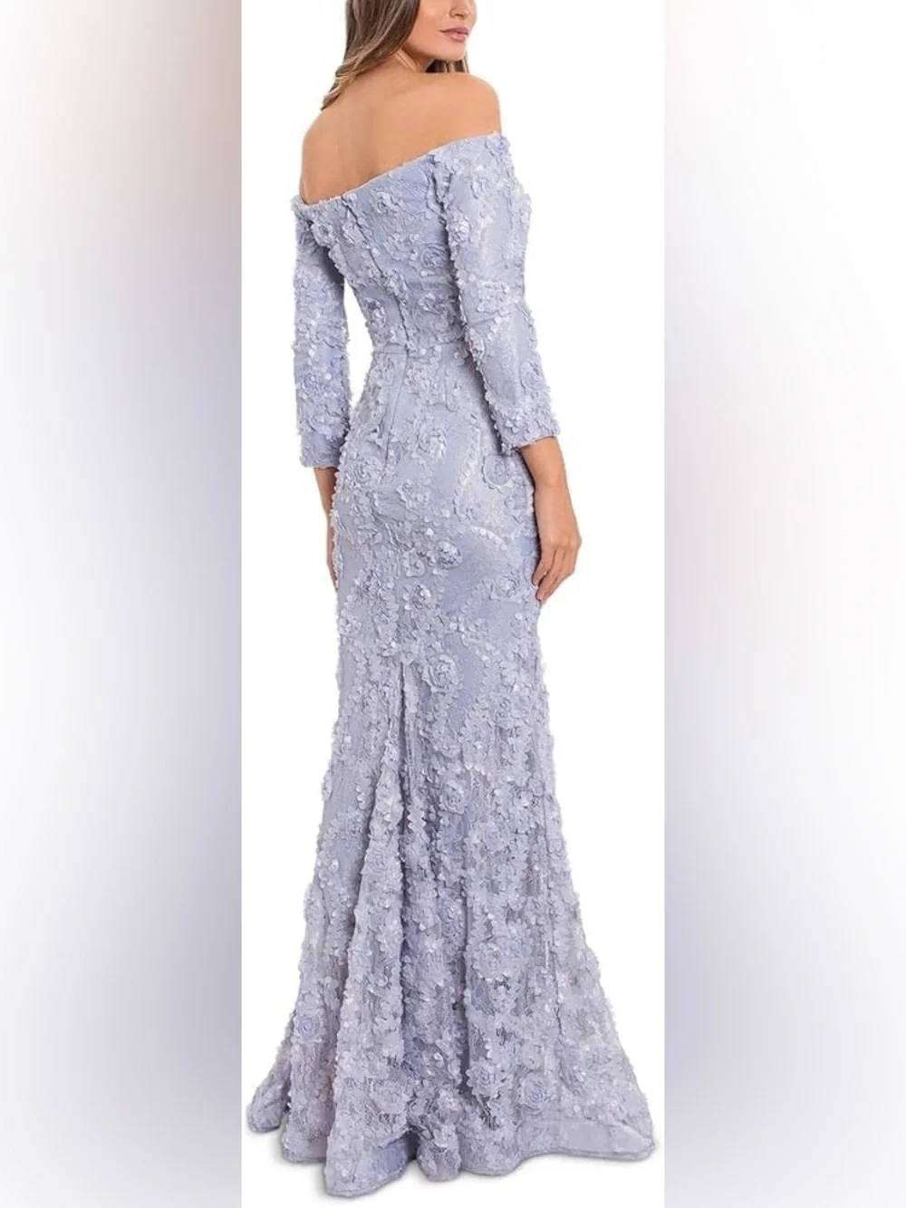 Xscape Off The Shoulder Long Sleeve Lace Trumpet Gown | Size 14 | Blue